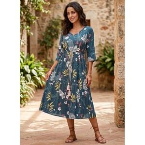 Neeru Kumar Midi Dress Size S Blue Floral Tropical Print 3/4‎ Sleeve Tassel Tie